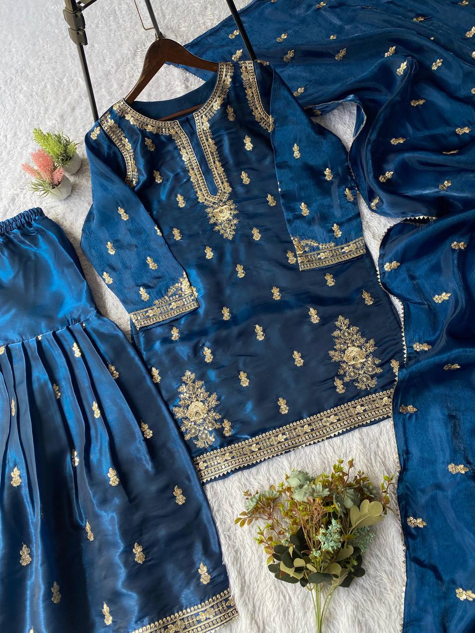 EXCLUSIVE AND TRENDY FOR WEDDING SEASON OUR CORDING WITH SEQUENCE EMBROIDERY WORKED TOP, PLAZZO AND DUPATTA IN ZIMMY CHOU