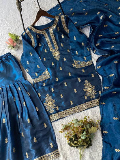EXCLUSIVE AND TRENDY FOR WEDDING SEASON OUR CORDING WITH SEQUENCE EMBROIDERY WORKED TOP, PLAZZO AND DUPATTA IN ZIMMY CHOU