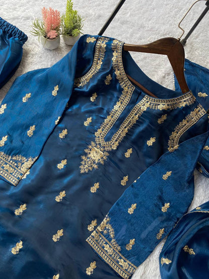 EXCLUSIVE AND TRENDY FOR WEDDING SEASON OUR CORDING WITH SEQUENCE EMBROIDERY WORKED TOP, PLAZZO AND DUPATTA IN ZIMMY CHOU
