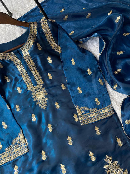 EXCLUSIVE AND TRENDY FOR WEDDING SEASON OUR CORDING WITH SEQUENCE EMBROIDERY WORKED TOP, PLAZZO AND DUPATTA IN ZIMMY CHOU