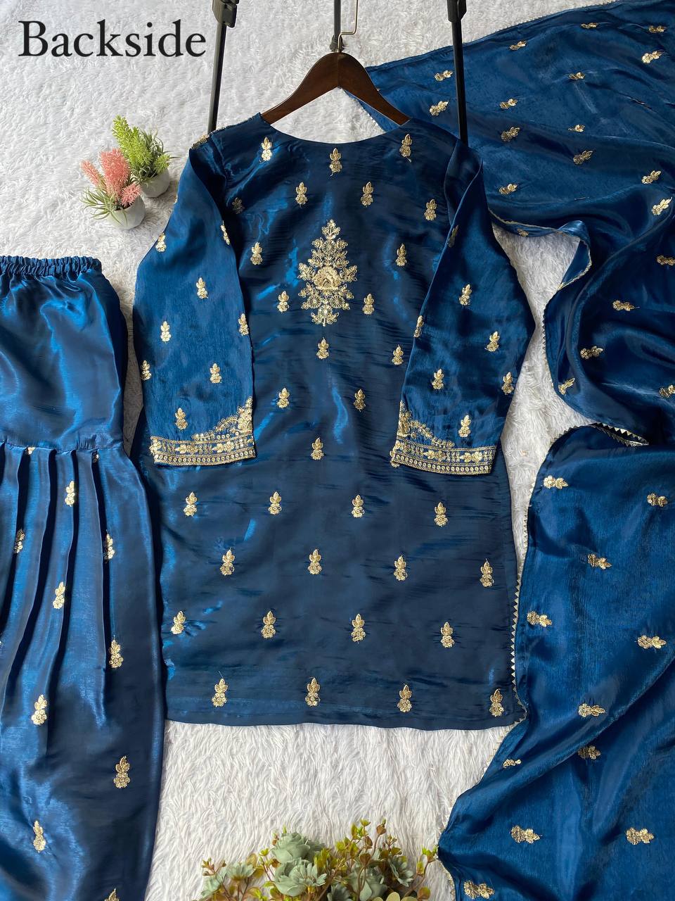 EXCLUSIVE AND TRENDY FOR WEDDING SEASON OUR CORDING WITH SEQUENCE EMBROIDERY WORKED TOP, PLAZZO AND DUPATTA IN ZIMMY CHOU