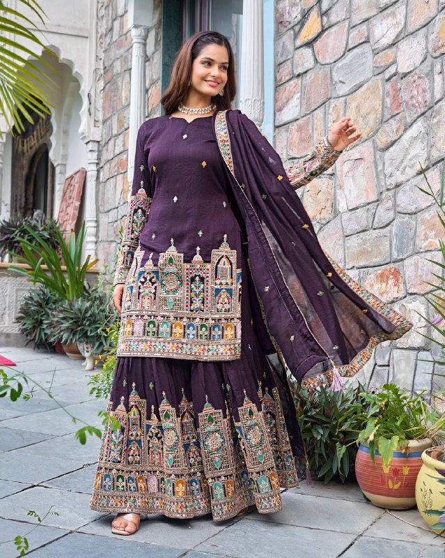 Pure Chinnon With Heavy Embroidery Coding Dori-Sequence Work Top-Bottom And Dupatta Set Fully Stitched Ready To Wear