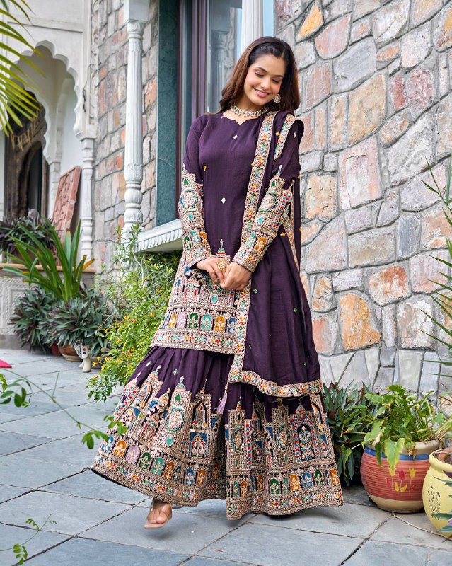 Pure Chinnon With Heavy Embroidery Coding Dori-Sequence Work Top-Bottom And Dupatta Set Fully Stitched Ready To Wear