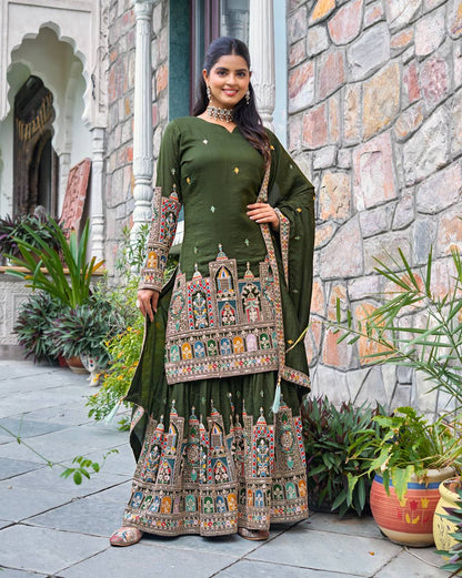 Pure Chinnon With Heavy Embroidery Coding Dori-Sequence Work Top-Bottom And Dupatta Set Fully Stitched Ready To Wear