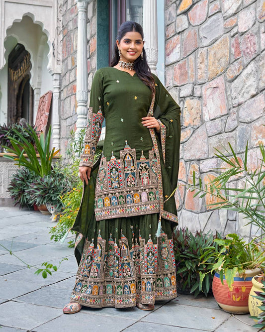 Pure Chinnon With Heavy Embroidery Coding Dori-Sequence Work Top-Bottom And Dupatta Set Fully Stitched Ready To Wear