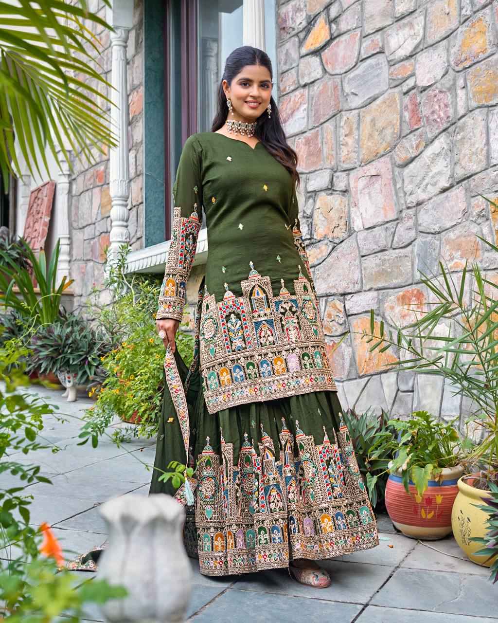 Pure Chinnon With Heavy Embroidery Coding Dori-Sequence Work Top-Bottom And Dupatta Set Fully Stitched Ready To Wear