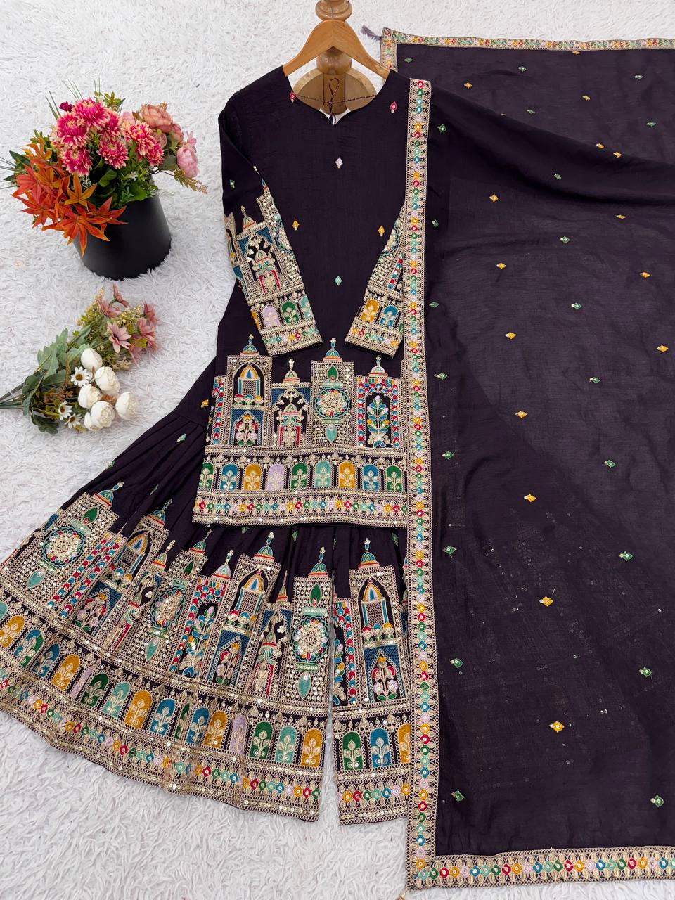 Pure Chinnon With Heavy Embroidery Coding Dori-Sequence Work Top-Bottom And Dupatta Set Fully Stitched Ready To Wear