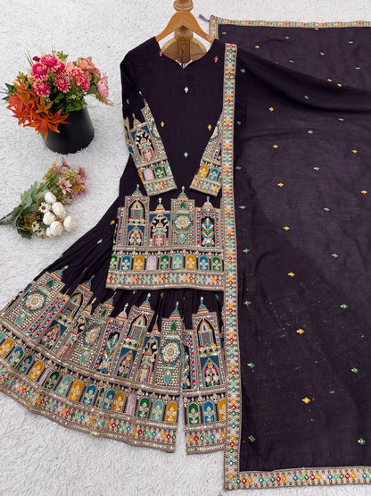 Pure Chinnon With Heavy Embroidery Coding Dori-Sequence Work Top-Bottom And Dupatta Set Fully Stitched Ready To Wear