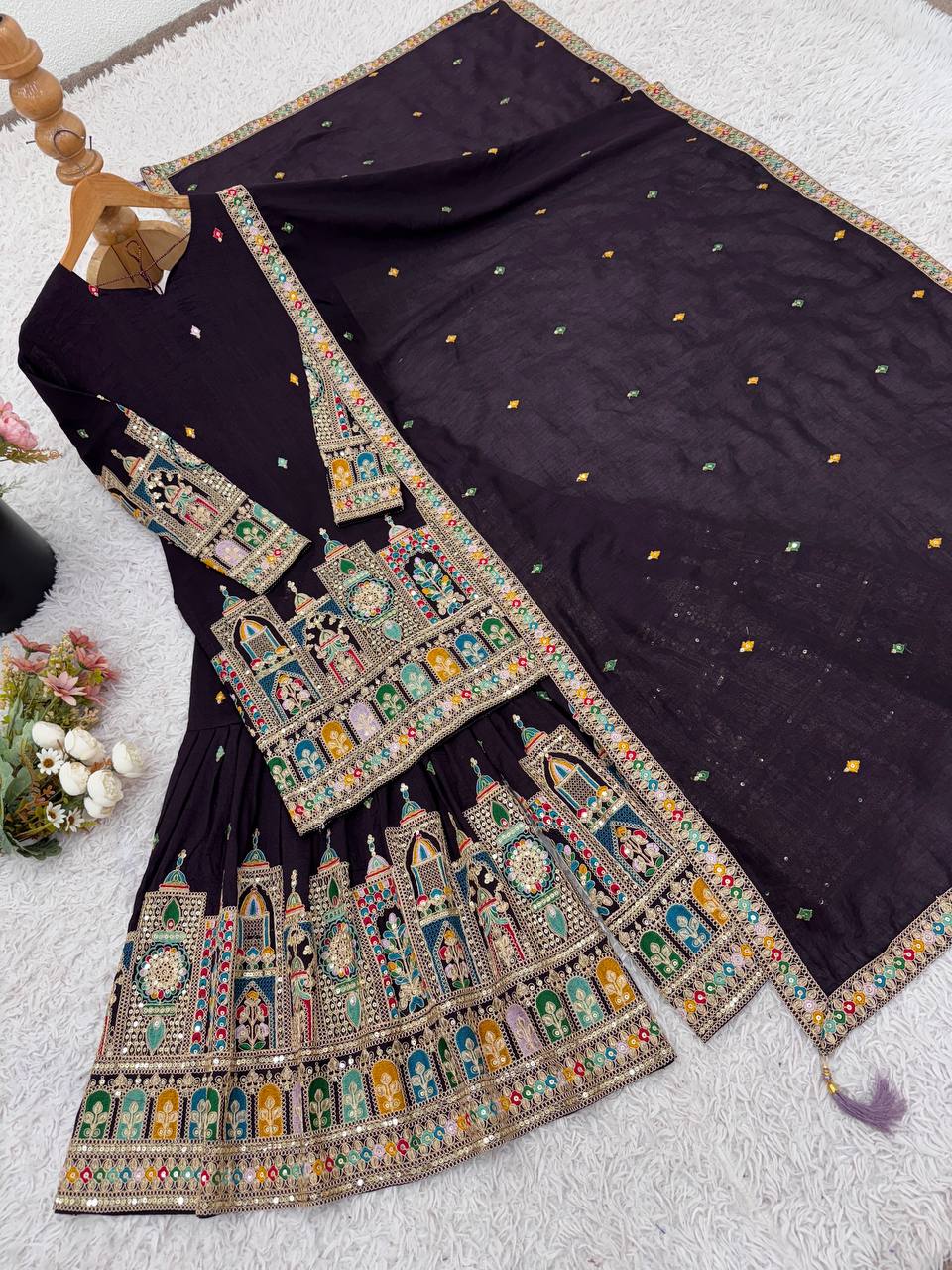 Pure Chinnon With Heavy Embroidery Coding Dori-Sequence Work Top-Bottom And Dupatta Set Fully Stitched Ready To Wear