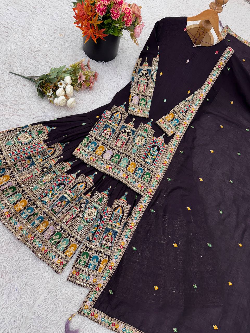 Pure Chinnon With Heavy Embroidery Coding Dori-Sequence Work Top-Bottom And Dupatta Set Fully Stitched Ready To Wear