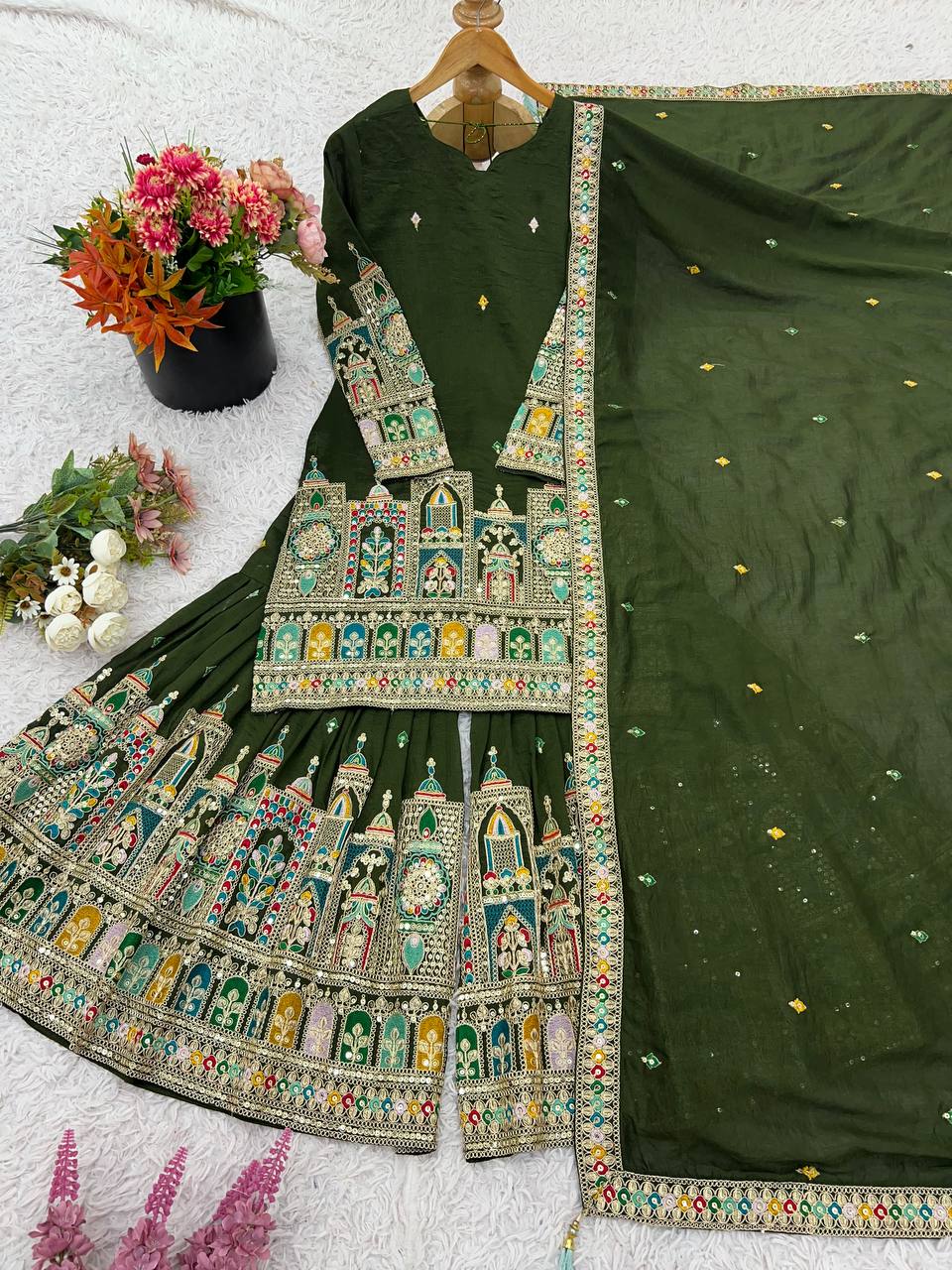 Pure Chinnon With Heavy Embroidery Coding Dori-Sequence Work Top-Bottom And Dupatta Set Fully Stitched Ready To Wear