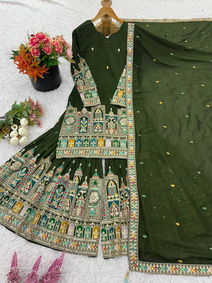 Pure Chinnon With Heavy Embroidery Coding Dori-Sequence Work Top-Bottom And Dupatta Set Fully Stitched Ready To Wear