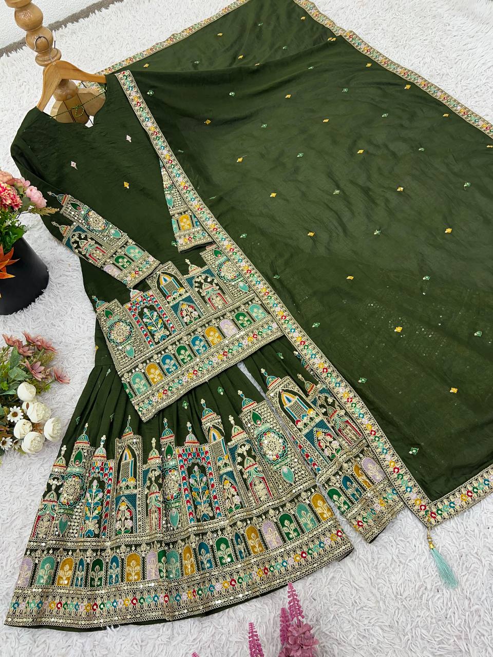 Pure Chinnon With Heavy Embroidery Coding Dori-Sequence Work Top-Bottom And Dupatta Set Fully Stitched Ready To Wear