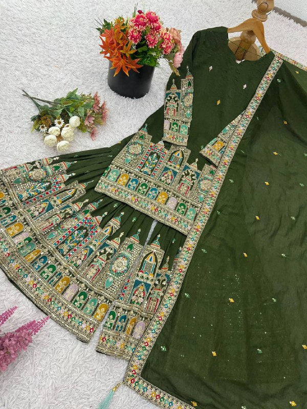 Pure Chinnon With Heavy Embroidery Coding Dori-Sequence Work Top-Bottom And Dupatta Set Fully Stitched Ready To Wear