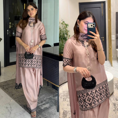 Natural Crep Silk Heavy Bids Hand Work Embroidery Sequence Work