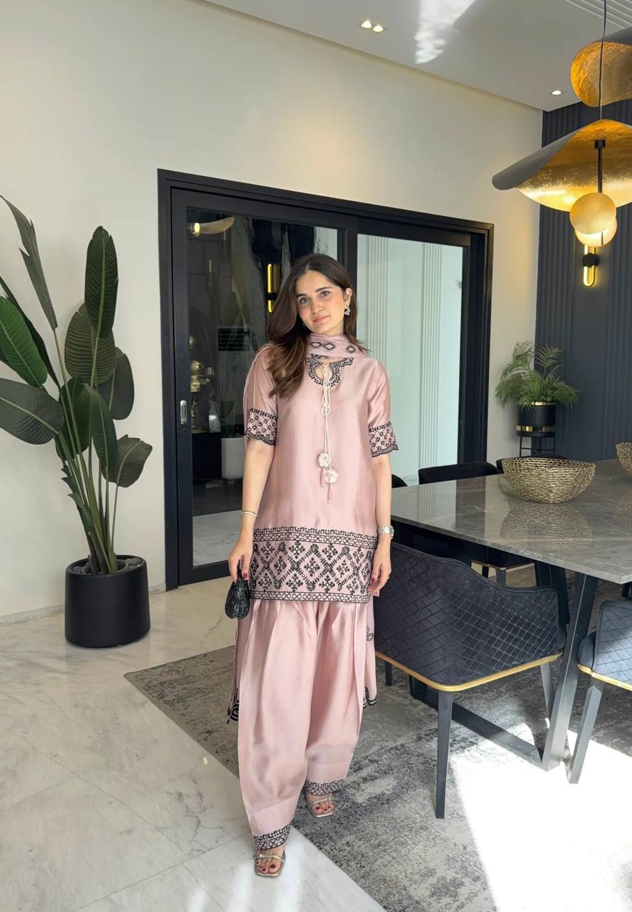Natural Crep Silk Heavy Bids Hand Work Embroidery Sequence Work