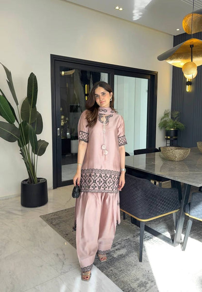 Natural Crep Silk Heavy Bids Hand Work Embroidery Sequence Work