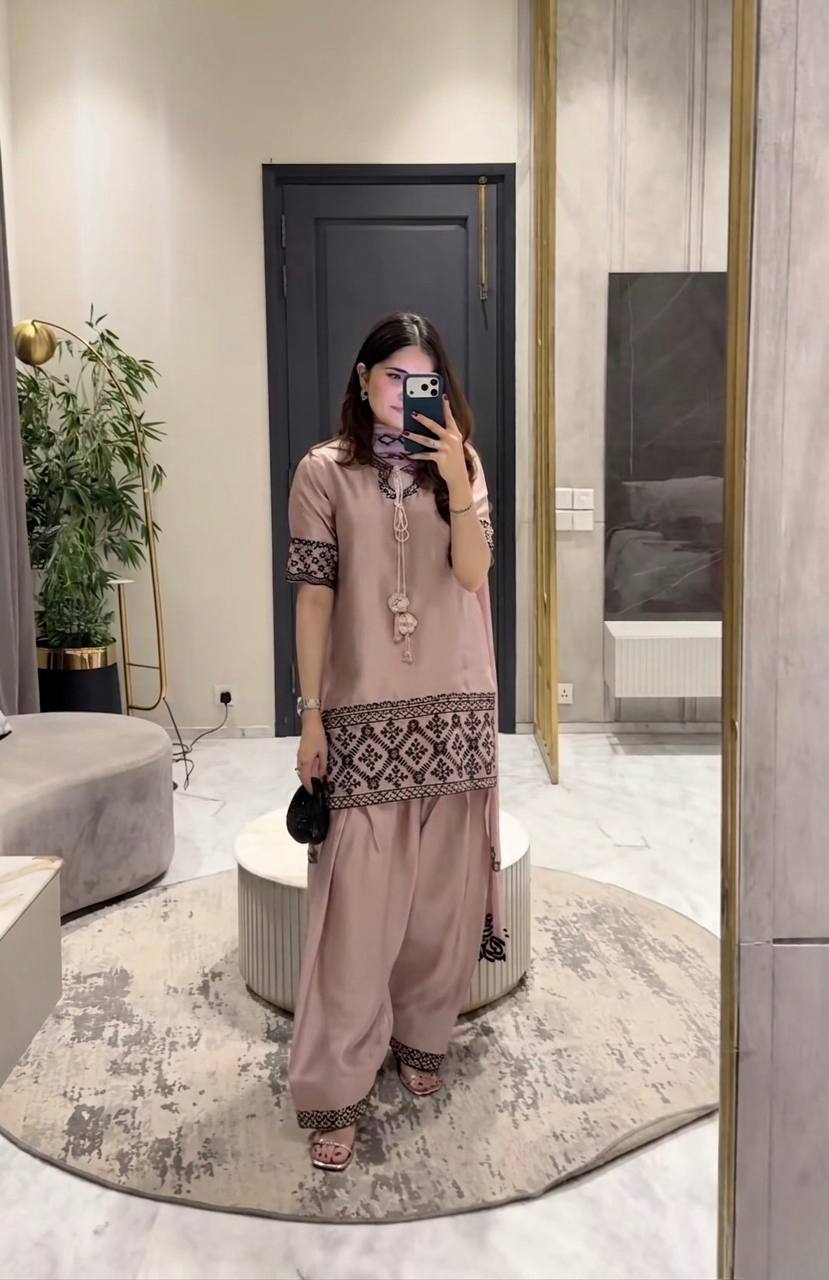 Natural Crep Silk Heavy Bids Hand Work Embroidery Sequence Work