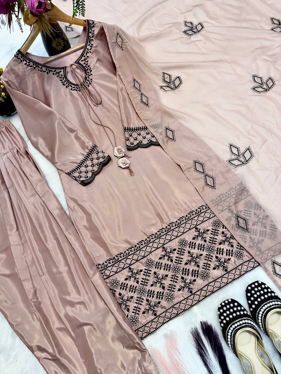 Natural Crep Silk Heavy Bids Hand Work Embroidery Sequence Work