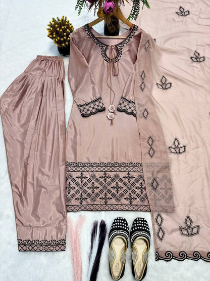 Natural Crep Silk Heavy Bids Hand Work Embroidery Sequence Work