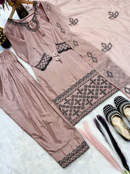 Natural Crep Silk Heavy Bids Hand Work Embroidery Sequence Work