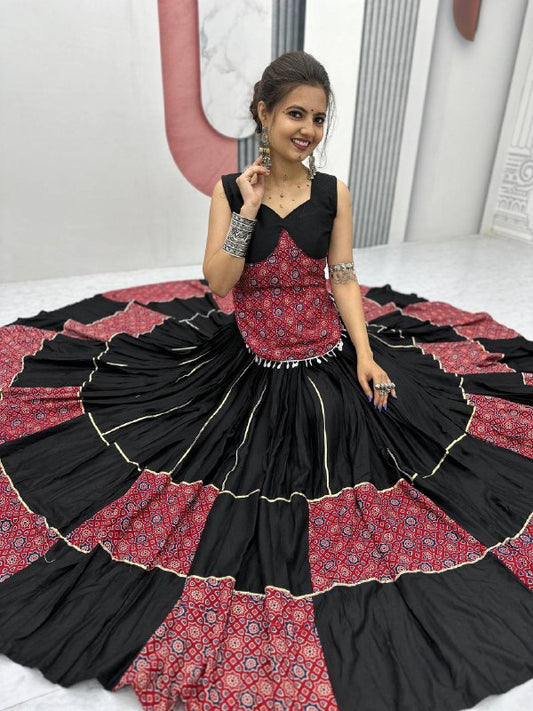Navratri Special Ajarakh Print Lehenga Choli 6 Meter Heavy Flair Lehenga Choli