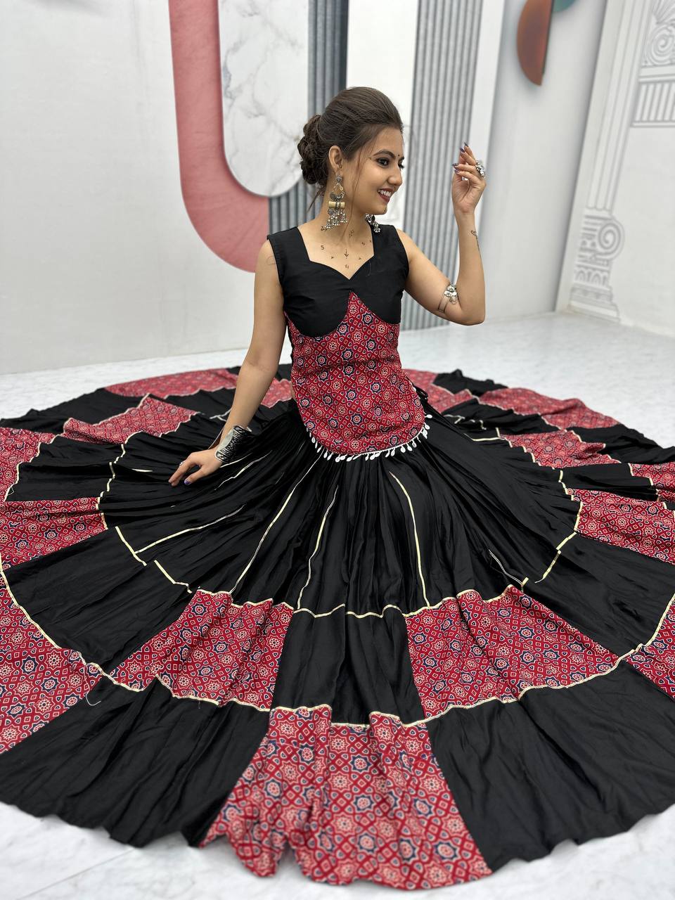 Navratri Special Ajarakh Print Lehenga Choli 6 Meter Heavy Flair Lehenga Choli