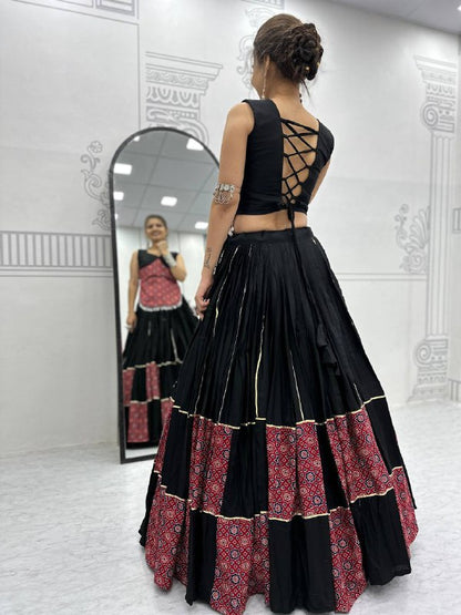 Navratri Special Ajarakh Print Lehenga Choli 6 Meter Heavy Flair Lehenga Choli