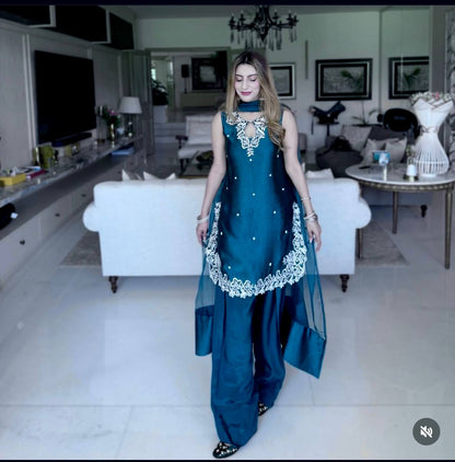 Pure Natural Crep Satin Top&Farshi&Dupatta Set Fully Stitched Ready To Wear