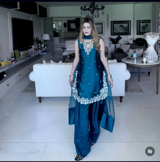 Pure Natural Crep Satin Top&Farshi&Dupatta Set Fully Stitched Ready To Wear