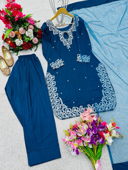 Pure Natural Crep Satin Top&Farshi&Dupatta Set Fully Stitched Ready To Wear