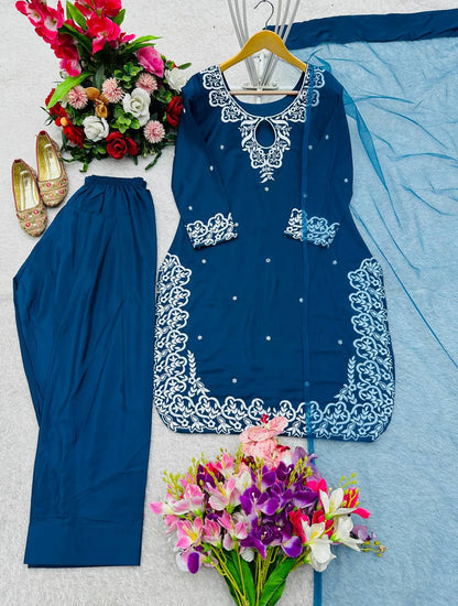 Pure Natural Crep Satin Top&Farshi&Dupatta Set Fully Stitched Ready To Wear