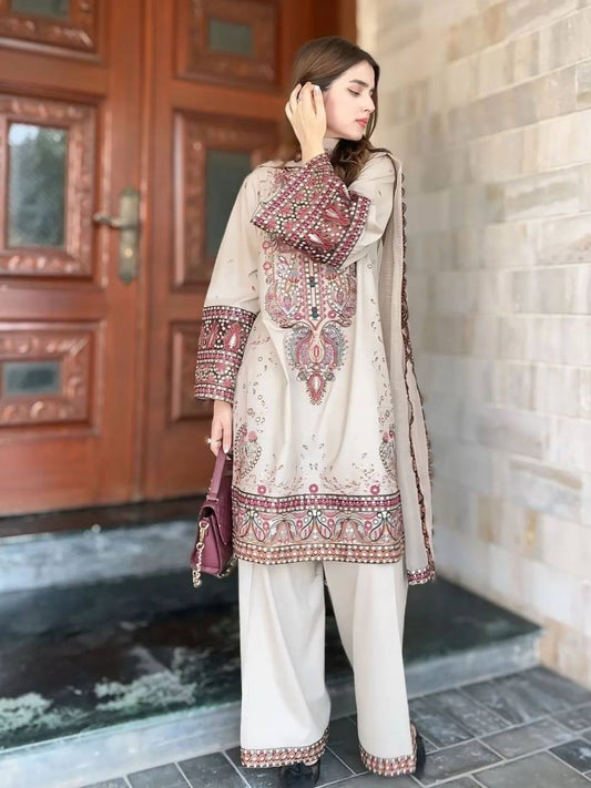 DESIGNER WEAR PLAZZO SUIT IN THREE PIECE WITH SEQUENCE EMBROIDERY WORK