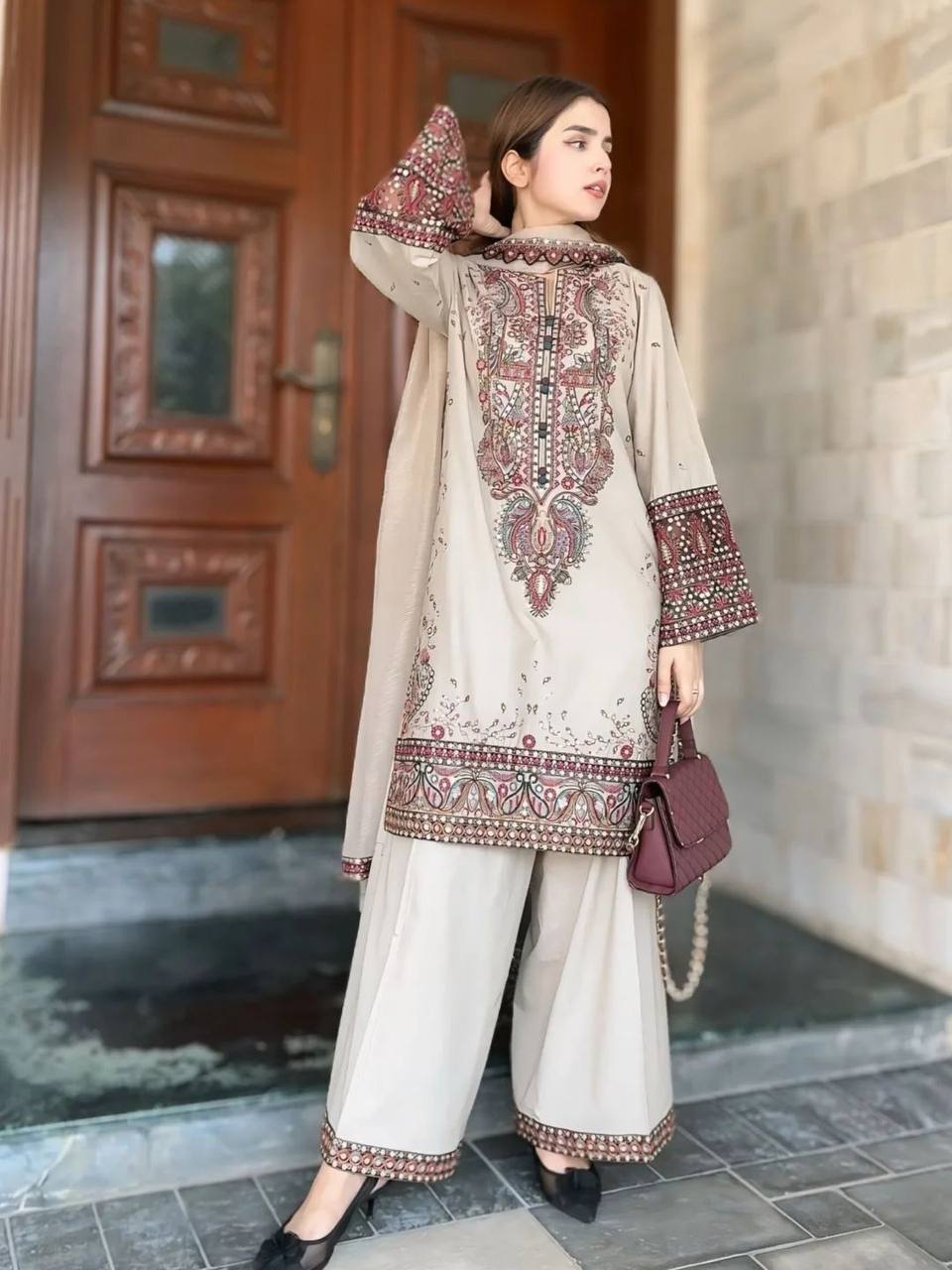 DESIGNER WEAR PLAZZO SUIT IN THREE PIECE WITH SEQUENCE EMBROIDERY WORK