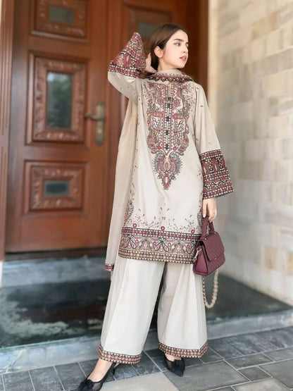 DESIGNER WEAR PLAZZO SUIT IN THREE PIECE WITH SEQUENCE EMBROIDERY WORK