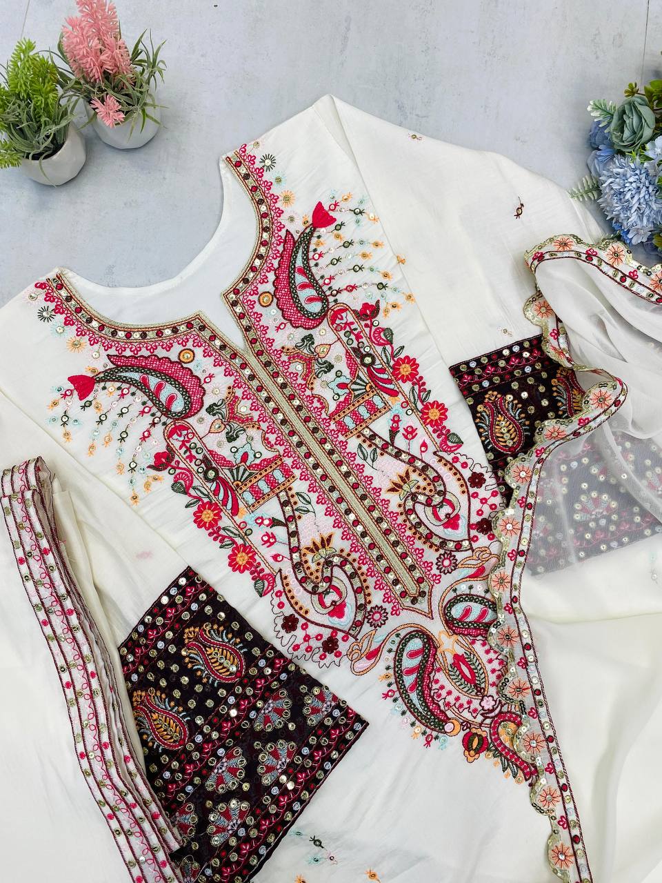DESIGNER WEAR PLAZZO SUIT IN THREE PIECE WITH SEQUENCE EMBROIDERY WORK