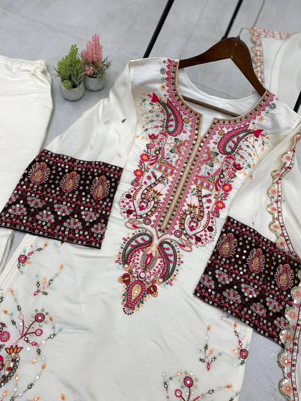 DESIGNER WEAR PLAZZO SUIT IN THREE PIECE WITH SEQUENCE EMBROIDERY WORK