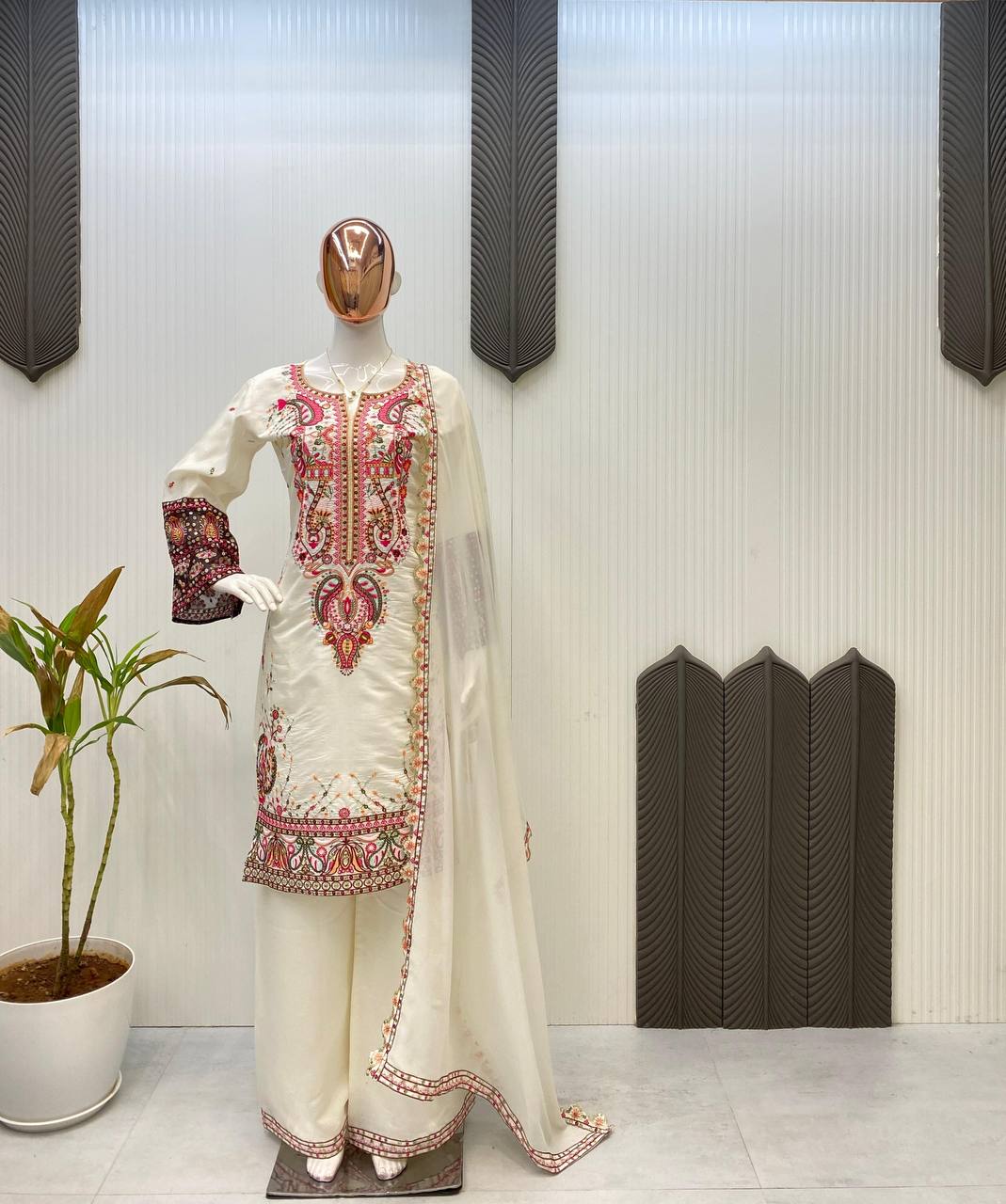 DESIGNER WEAR PLAZZO SUIT IN THREE PIECE WITH SEQUENCE EMBROIDERY WORK