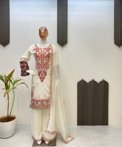 DESIGNER WEAR PLAZZO SUIT IN THREE PIECE WITH SEQUENCE EMBROIDERY WORK