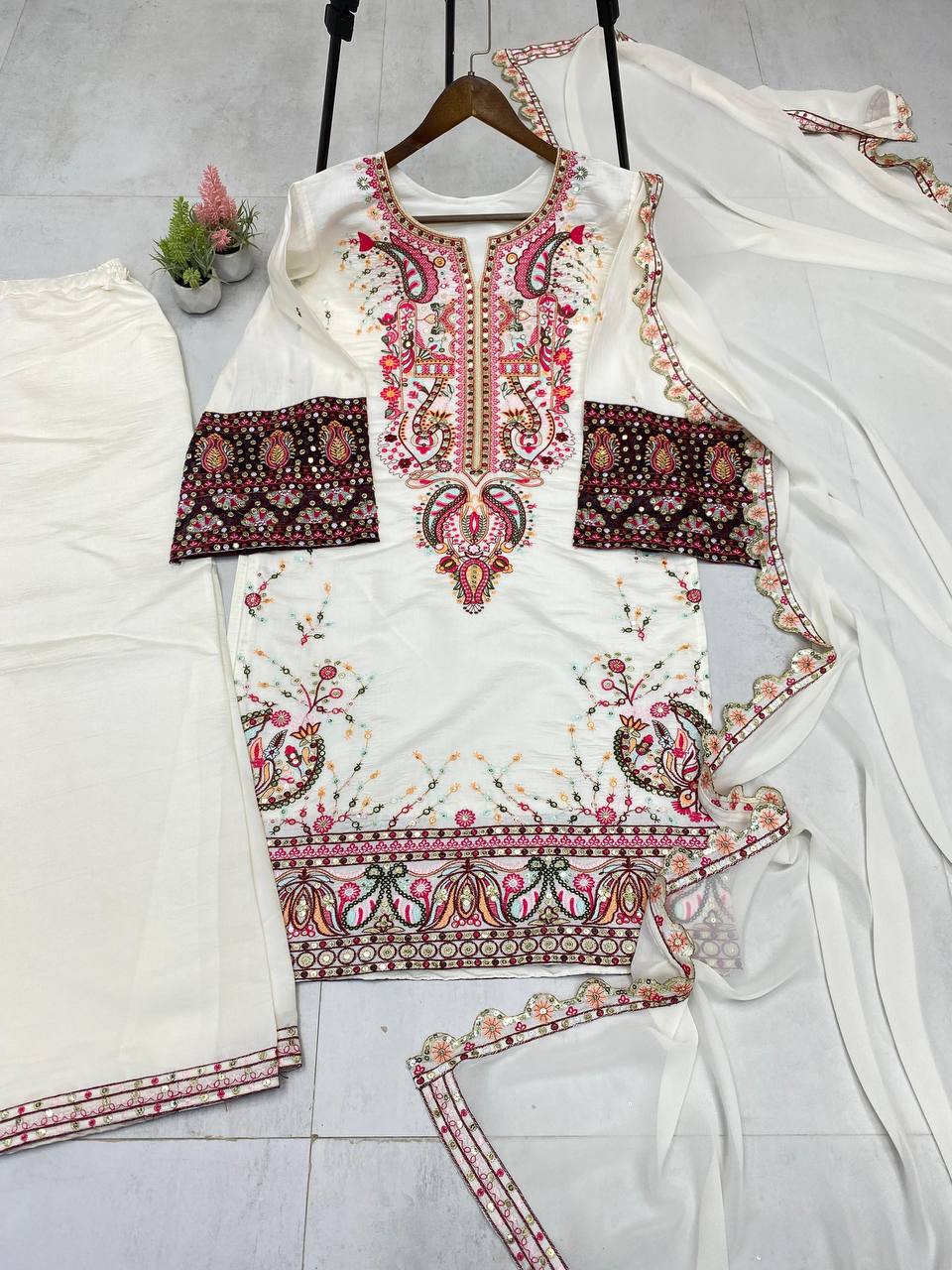 DESIGNER WEAR PLAZZO SUIT IN THREE PIECE WITH SEQUENCE EMBROIDERY WORK