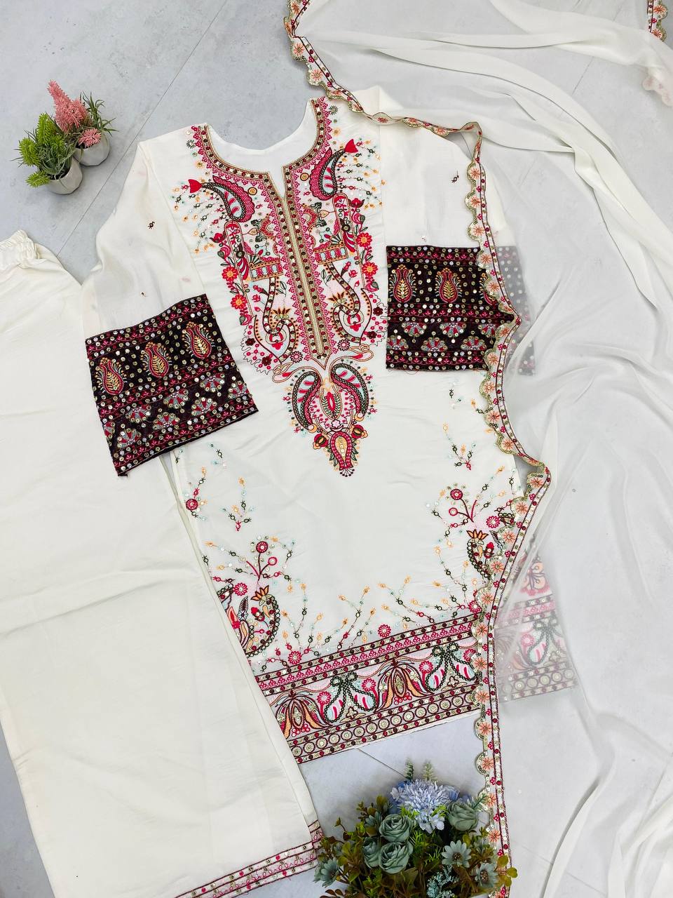 DESIGNER WEAR PLAZZO SUIT IN THREE PIECE WITH SEQUENCE EMBROIDERY WORK