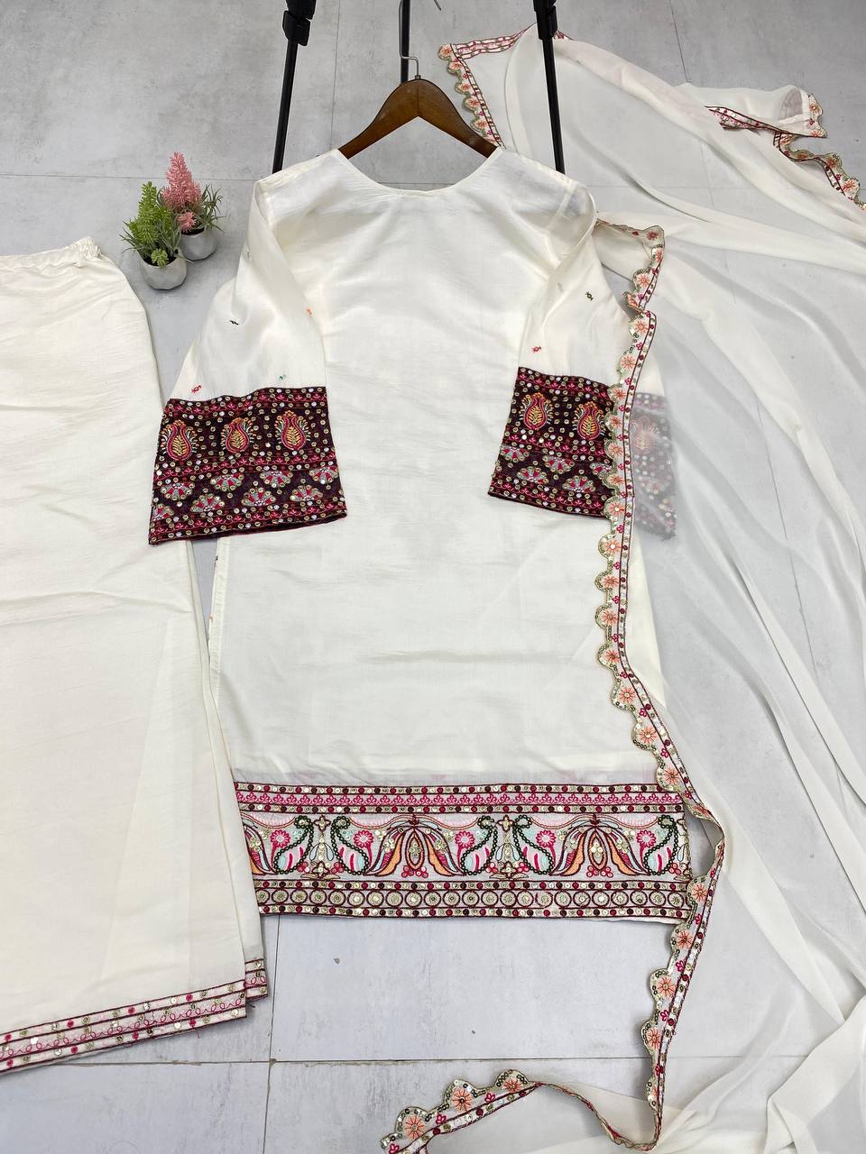 DESIGNER WEAR PLAZZO SUIT IN THREE PIECE WITH SEQUENCE EMBROIDERY WORK