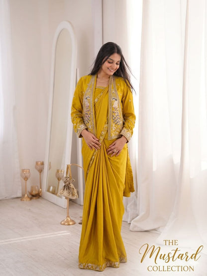 New Super Trending Party jacket with saree Reday to wear Embroidery work saree