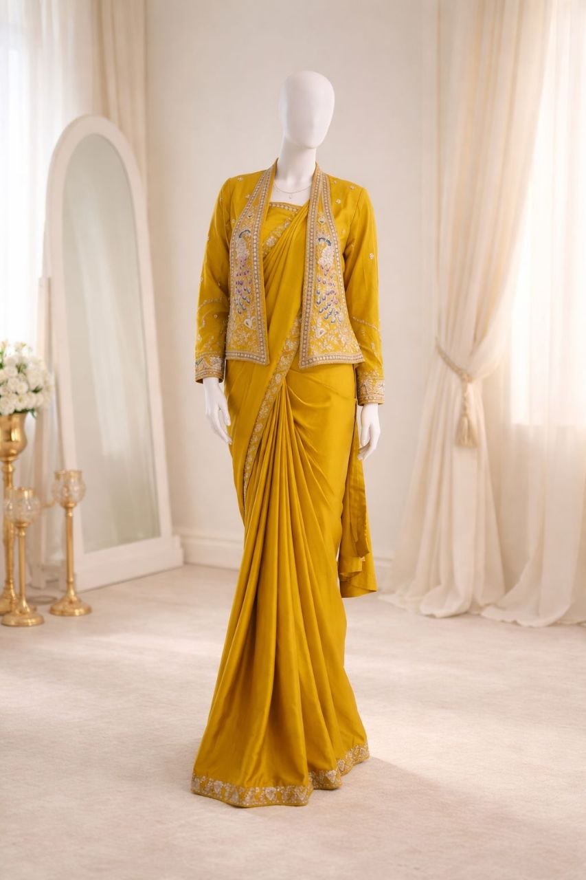 New Super Trending Party jacket with saree Reday to wear Embroidery work saree