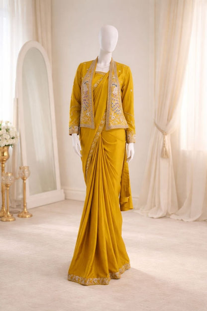 New Super Trending Party jacket with saree Reday to wear Embroidery work saree