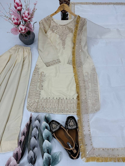 DESIGNER EMBROIDERY CODING SEQUENCE WORK  WITH FANCY TOP PALAZZO DUPATTA SET*