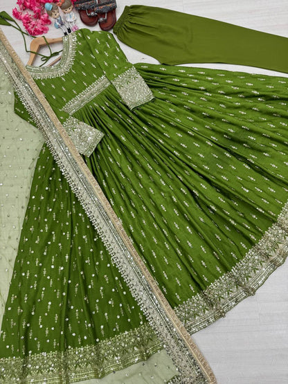 Party Wear Look Pur Chinon Silk Gown,Dupatta & Bottom Set