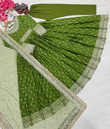 Party Wear Look Pur Chinon Silk Gown,Dupatta & Bottom Set