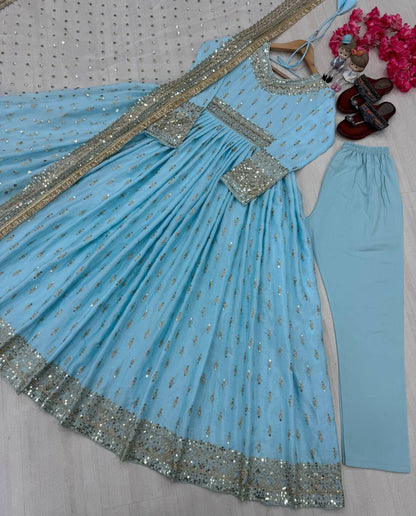 Party Wear Look Pur Chinon Silk Gown,Dupatta & Bottom Set