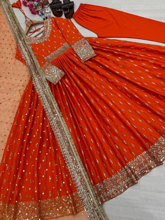 Party Wear Look Pur Chinon Silk Gown,Dupatta & Bottom Set